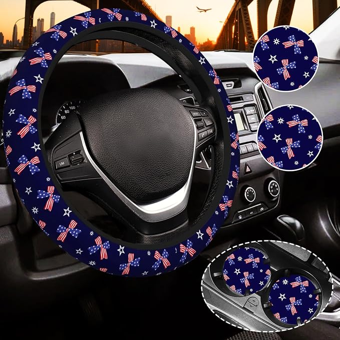 Blue Bow Steering Wheel Cover for Women, Steering Wheel Covers with Anti-Slip Lining, Universal 14.5-15 inchs Car Interior Accessories with 2PCS Car Coasters Suitable for Men and Women