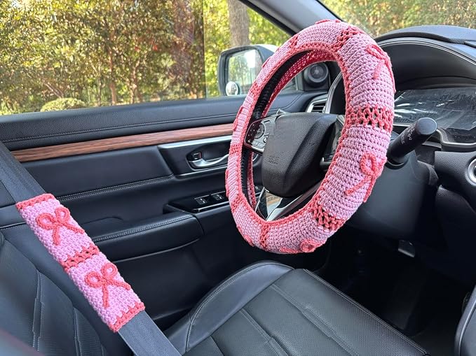 Handmade Crochet Pink Bow Car Steering Wheel Covers Universal 14-15 inch,Cute Steering Wheel Cover,Car Accessories (A: Wheel Cover+2Belt Cover)
