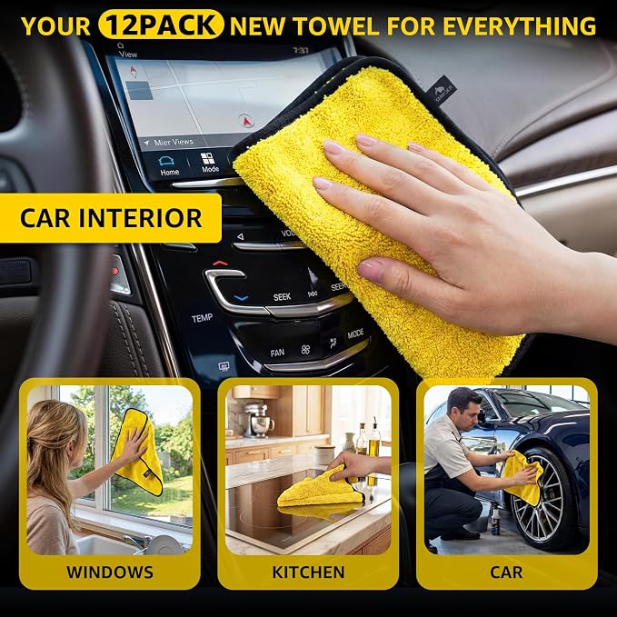 12-Pack Microfiber Cleaning Cloth, Car Drying Towels Car Detailing– XL Microfiber Towels for Cars, Trucks (15.7" x 15.7"), Ultra-Absorbent, Streak-Free, Scratch-Free, No Water Spots