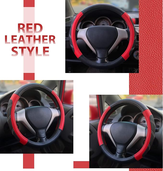 Leather Steering Wheel Cover 15 1/2 to 16 inch Universal Large Grip Breathable for Car Truck SUV Jeep Anti Slip Black and Red