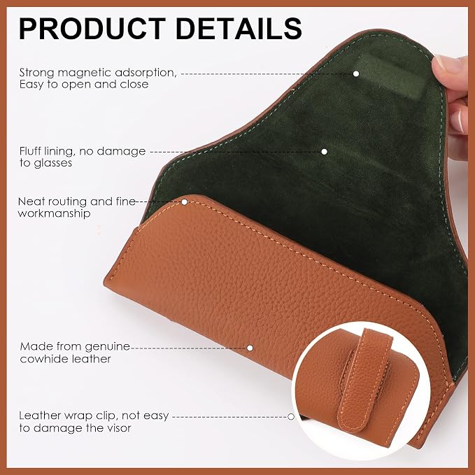 Magnetic Sunglass Holder for Car Visor, Leather Car Glasses Holder | Brown Visor Accessories Eyeglasses Holder Glasses Storage Case