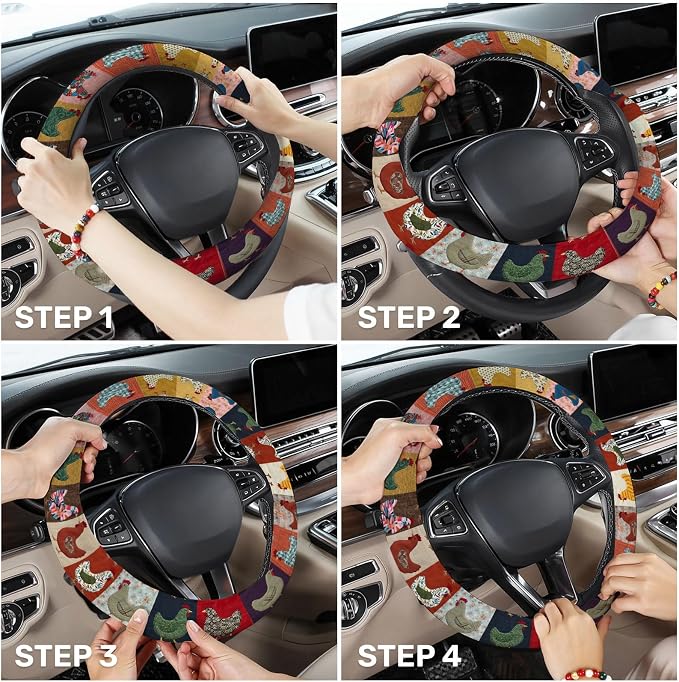 Chicken Patchwork Steering Wheel Cover, Polyester Non-Slip Car Wheel Grip, Universal 15 Inch Auto Accessory