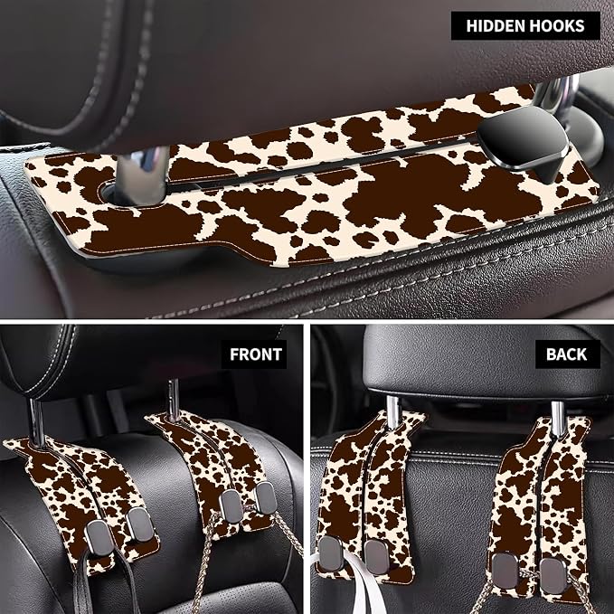 1 Pack Car Seat Headrest Hooks for Purses and Bags Camouflage Brown Cow Skin Bag Purse Holder for Car with Double Metal Hooks Car Purse Hanger Hanging Accessories