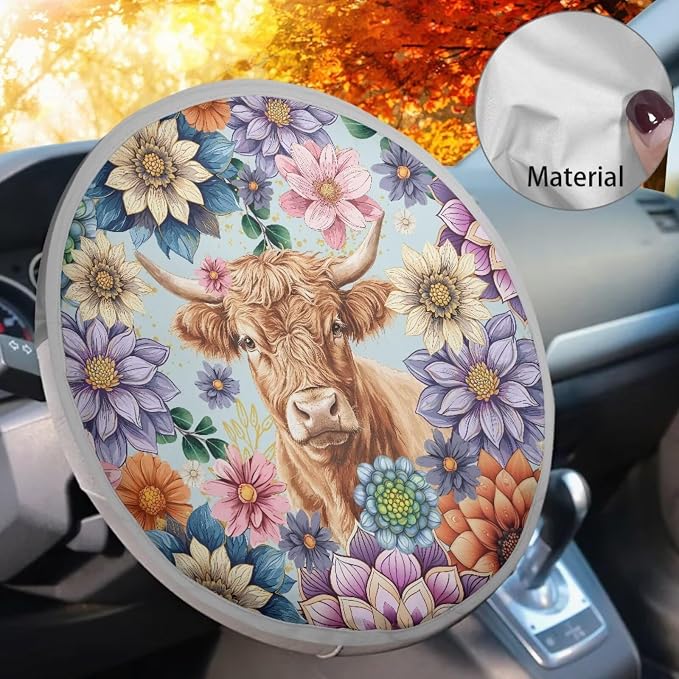 Boho Steering Wheel Sun Shade Cover Keep Cool in The Heat, Highland Cow Steering Wheel Sun Block Anti-Heat Aluminum Foil Steering Wheel Cover for SUV Truck Van Sedan