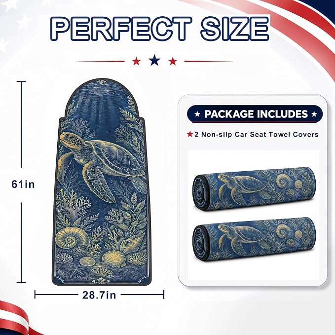 Car Seat Towel Cover 2 Pack for Front Seats, Sweat Absorbent Car Seat Protector with Non-Slip Backing, Waterproof Towel Car Seat Covers for Runners, Gym, Swimming, Beach, Vintage Sea Turtle