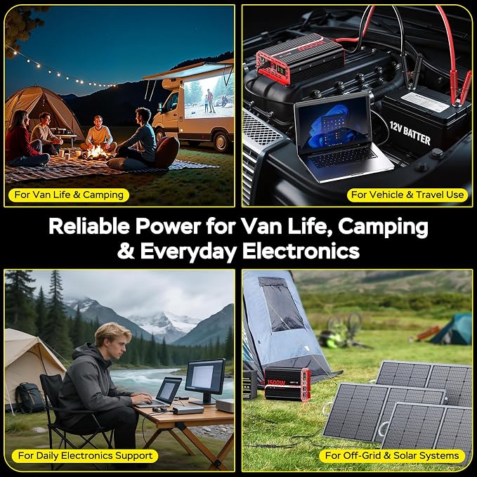 1500W Power Inverter 12V DC to 110V/120V AC Converter, Peak Power 3000W Car Inverter with LCD Display, 2 AC Outlets, 3.1A USB Port for Vehicles, Camping, Travel, Emergency Use