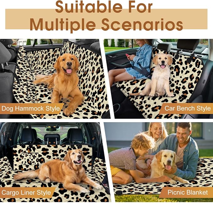 Waterproof Dog Car Seat Cover for Back Seat, Pet Hammock- S, Leopard/Black | Durable waterproof hammock with nonslip design & storage pockets. Protects seats from scratches, fits cars, SUVs & trucks.