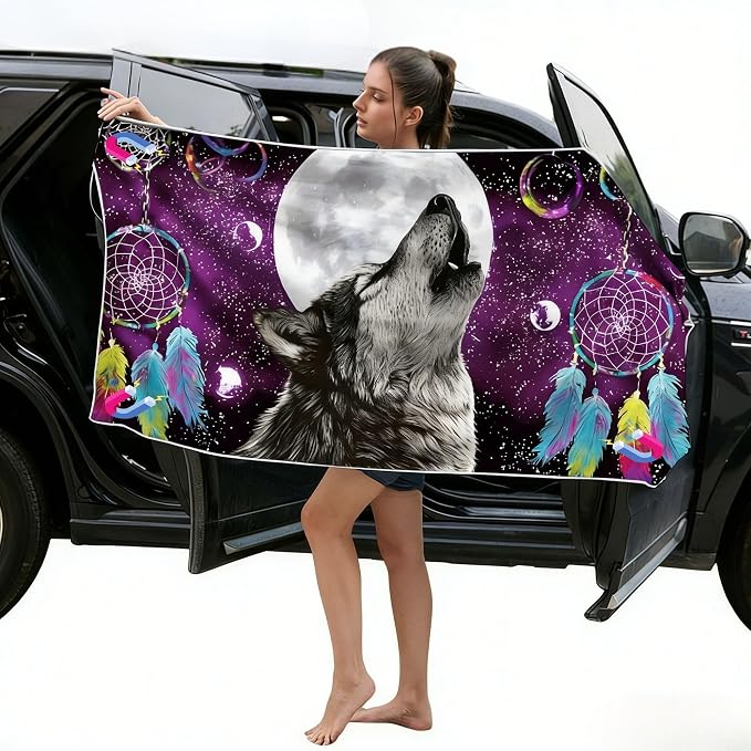 Magnetic Beach Towel | Extra Wide & Enhanced Magnet (75"x40"), Sand-Free Quick-Dry Microfiber for Car Door Changing, Beach, Pool | Includes Storage Bag, Travel & Camping (Moonlit Wolf Howl)