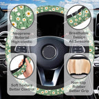 White Daisy Flower Steering Wheel Cover for Women, Anti-Slip Sage Green Car Steering Wheel Cover with 2 Pcs Cup Holders Neoprene Breathable Car Accessories Universal 15 Inch Auto Interior Decor