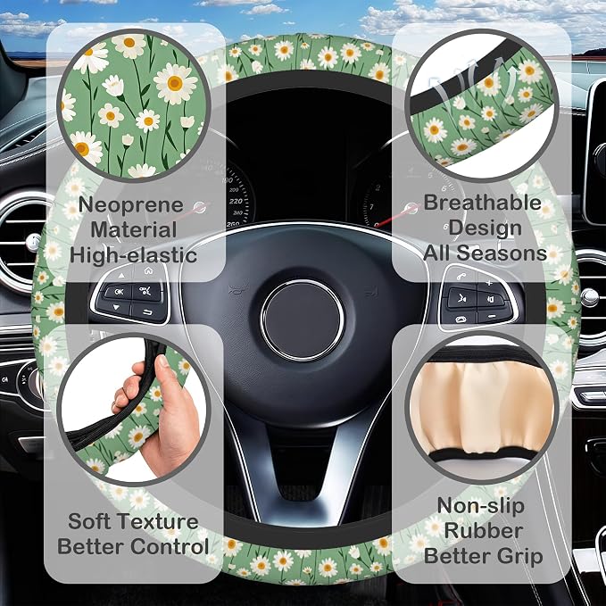 White Daisy Flower Steering Wheel Cover for Women, Anti-Slip Sage Green Car Steering Wheel Cover with 2 Pcs Cup Holders Neoprene Breathable Car Accessories Universal 15 Inch Auto Interior Decor
