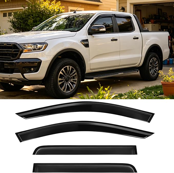 4PCS Outside Mount Side Window Visors Compatible with Ford Ranger SuperCrew 2019-2023, Smoke Tint Tape On Rain Guards Vent Deflectors for Ford Ranger 19-23,no Drill, Easy Installation