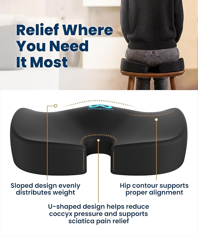 Doctor Recommended Memory Foam Seat Cushion for Office Chairs & Car - Ergonomic Office Desk Accessories - Cushions for Tailbone Pain Relief, Sciatica (Black Airflow, Large)
