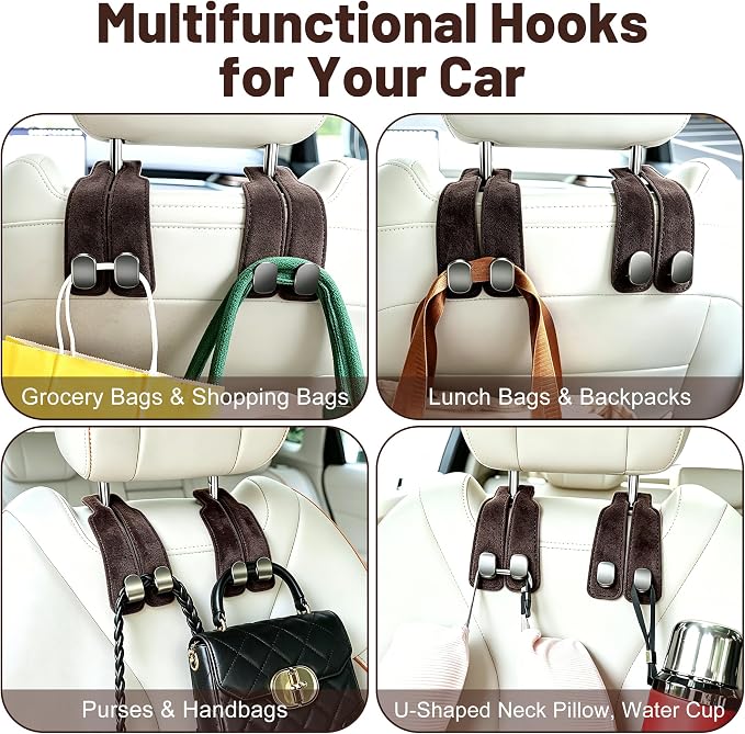 SUKIPIN Car Hooks, Car Seat Headrest Hooks for Purses and Bags 4-Pack Brown | Car Accessories for Women, Solid Durable Construction, Quick Tool-free Mounting, Universal Fit for Most Vehicle Headrests
