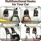 SUKIPIN Car Hooks, Car Seat Headrest Hooks for Purses and Bags 4-Pack Brown | Car Accessories for Women, Solid Durable Construction, Quick Tool-free Mounting, Universal Fit for Most Vehicle Headrests
