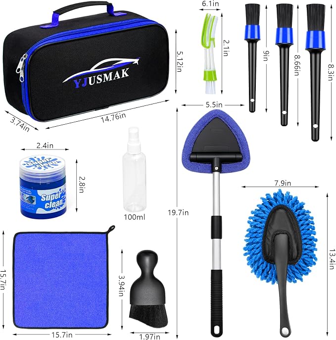 Windshield Cleaning Tool, 13PCS Car Detailing Kit Interior Cleaner, Car Window Cleaner with Extendable Handle, Car Interior Cleaning Kit with Detailing Brushes for Women Men (Blue)