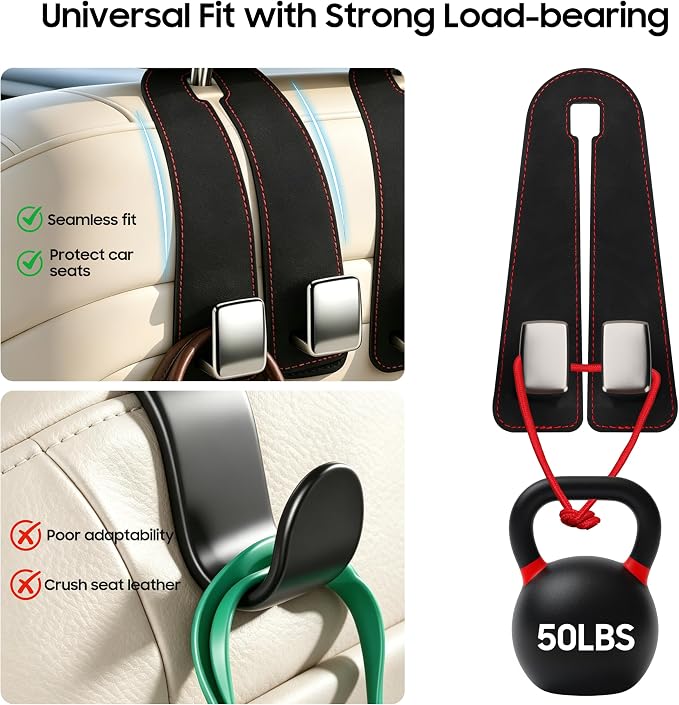 Car Headrest Hooks, Premium Suede with Metal Car Seat Back Storage Hooks for Handbag Coats Umbrella Backpack - 2 Pack, Black