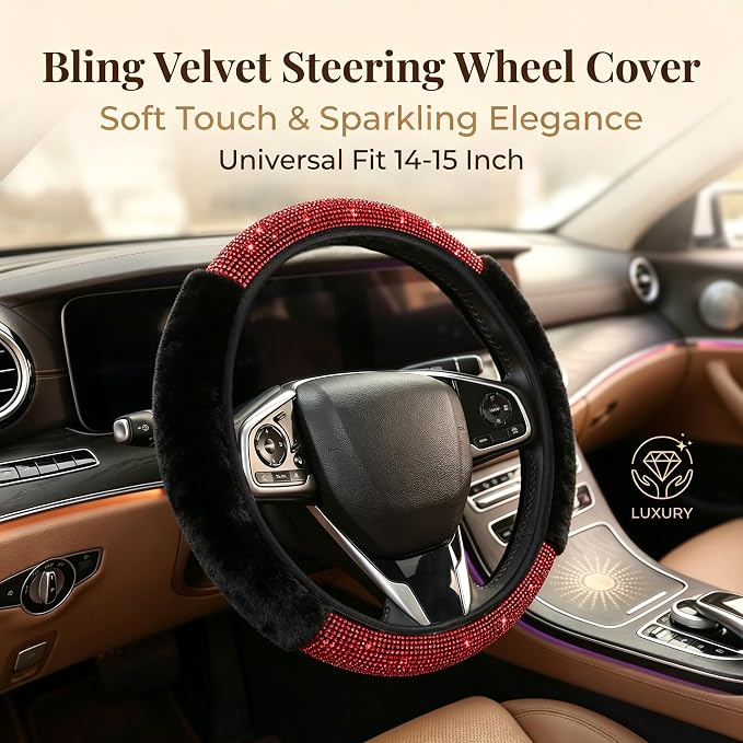 Bling Steering Wheel Cover Fluffy Red Rhinestone for Women Girls | Diamond Elastic Car Steering Wheel Accessories Sparkling Fur Steering Wheel Protector Winter Warm Universal Fit 14"-15"