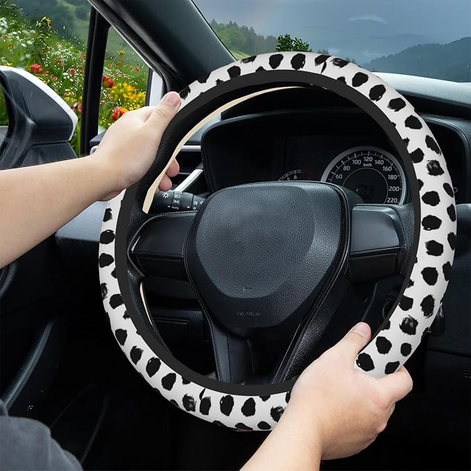 Abstract Black Spots Steering Wheel Cover, Elastic Non-Slip Steering Wheel Protector,Auto Interior Decor for Women Girls,Universal 15" Fit for Sedans,Trucks