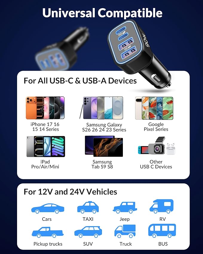 90W 4Port Fast USBC Car Phone Charger Cigarette Lighter USB Charger Adapter | PD/PPS/QC Super Fast Charging, 12-24V USB Outlet, Car Accessories for iPhone 17 16 15 Galaxy Android,Family Travel Essentials