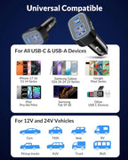 90W 4Port Fast USBC Car Phone Charger Cigarette Lighter USB Charger Adapter | PD/PPS/QC Super Fast Charging, 12-24V USB Outlet, Car Accessories for iPhone 17 16 15 Galaxy Android,Family Travel Essentials