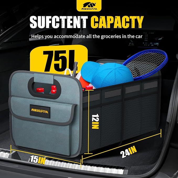 Car Trunk Organizer - 75L Collapsible Trunk Organizer with Reinforced Handles for Groceries, Trunk Storage Organizers for SUV Auto Truck Van with Non Slip Bottom (Gray)
