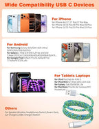 USB A to USB C Cable 6FT,Beaded Charger Cord for iPhone 17 16 Pro Max 17e 15 Car play,Cute Type C Car Charger Charging Cord for iPad 10 11th A16/Samsung S26 S25 S24/Android Phone Girls Women,BlueGreen