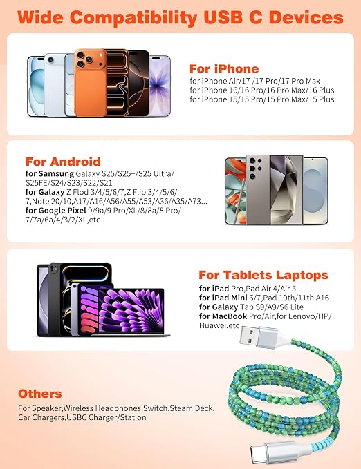 USB A to USB C Cable 6FT,Beaded Charger Cord for iPhone 17 16 Pro Max 17e 15 Car play,Cute Type C Car Charger Charging Cord for iPad 10 11th A16/Samsung S26 S25 S24/Android Phone Girls Women,BlueGreen