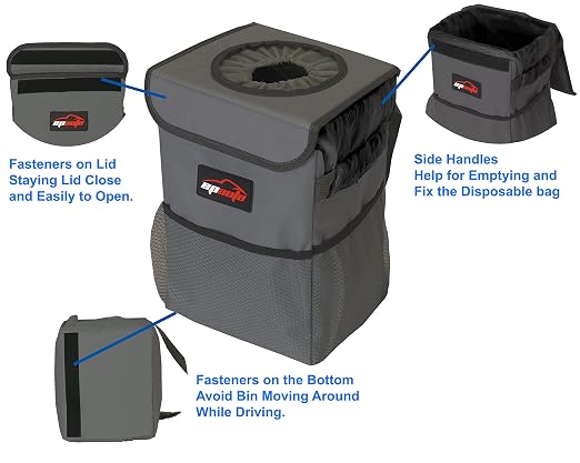 Waterproof Car Trash Can with Lid and Pockets, 2.5 Gal, Dark Gray | Leakproof, Collapsible Multipurpose Car Bin with 3 Side Storage Pockets, Adjustable Straps
