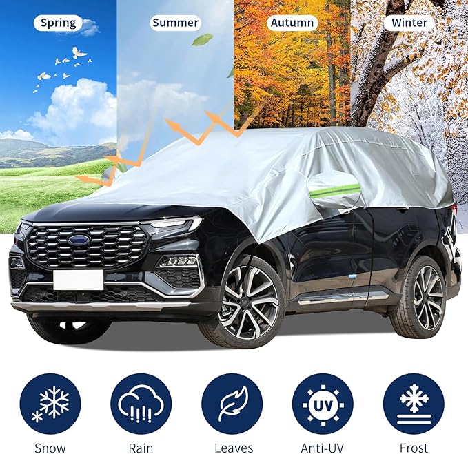 Hrozny Half Car Cover, Car Windshield Cover for Ice and Snow with Reflective Straps, Car Snow Cover Universal Fit for Most Cars (SUV)
