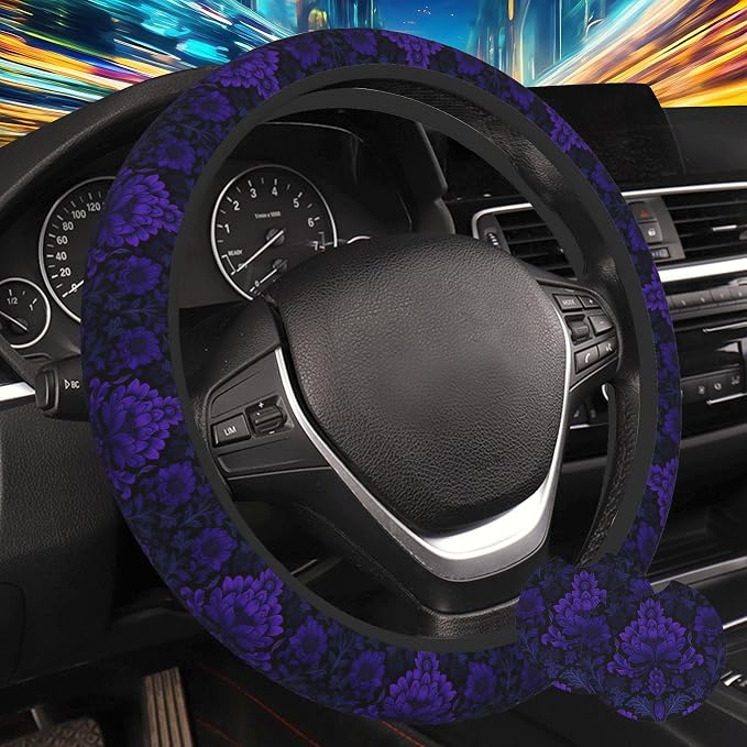 Gothic Purple Damask Floral Steering Wheel Cover for Women, Anti-Slip Car Steering Wheel Cover with 2 Pcs Cup Holders Neoprene Breathable Car Accessories Universal 15 Inch Auto Interior Decor