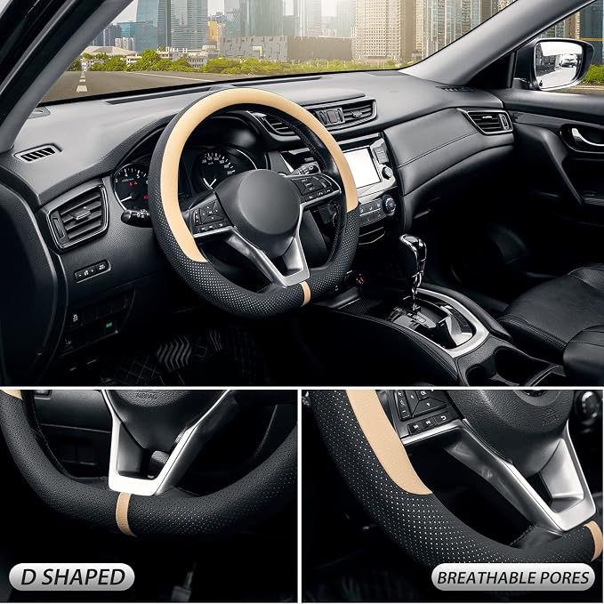 Flat Bottom Steering Wheel Cover Breathable, D Shaped Car Wheel Cover 14 1/2-15 in. (37-39 cm), Black Beige Microfiber Leather