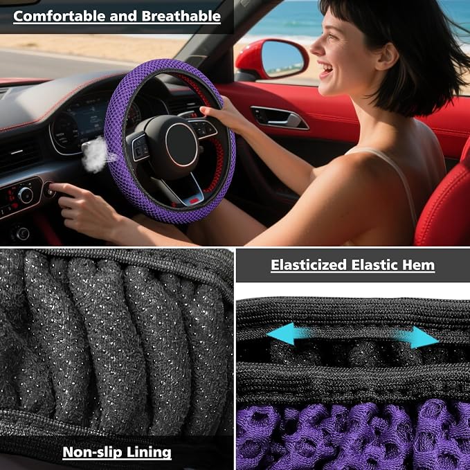 Elastic Stretch Steering Wheel Cover 15 Inch, Breathable Ice Silk Microfiber, Non-Slip Grip, Warm in Winter and Cool in Summer, Odorless, Car Accessories Fit Cars, SUVs, Purple