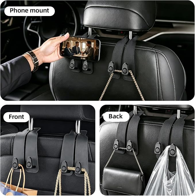 Platch Car Purse Hook 2 Pack Headrest Hooks for Car, Luxurious Leather Material, Seat Back Storage Hook Multifunctional Car Seat Hooks Keep Car Tidy (Grey)