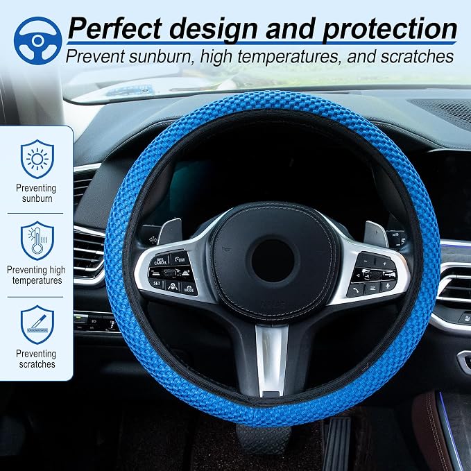 Elastic Stretch Steering Wheel Cover, Universal Interior Accessories Steering Wheel Cover for Women & Men, Breathable Microfiber Ice Silk, Anti-Slip, Odorless, Easy Carry(Blue)