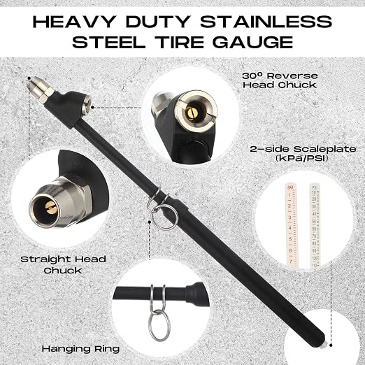 10 Pack Tire Pressure Gauge Black Heavy Duty Air Pressure Tire Gauge Dual Head Semi Truck Tire Pressure Gauge Range 10-150 PSI, Extended Tube Tire Gauge Suitable for Semi Truck, and Bus