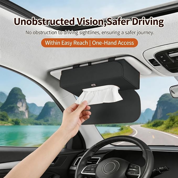 Magnetic Foldable Car Tissue Box - Easy-Install Tissue Holder for Sun Visors and Seat Backs,Premium Leather Car Napkin Organizer—Designed for Commuters,Rideshare Drivers and Families(Black)