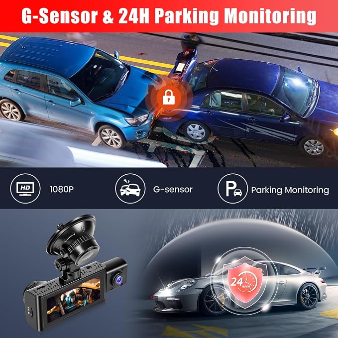 2.5K 3 Channel Dash Cam 360° View,3.16'' DashCam Front and Rear Inside Camera for Cars,WiFi & APP/GPS/Night Vision/Loop Recording/G-Sensor/24H Parking Mode/Suction Cup,Included 64G Card