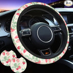 Strawberry Flowers 3-Pc Car Set : Steering Wheel Cover + 2 Pc Car Coasters | Cute neoprene Non-Slip Breathable Elasticity Universal for 14-15 Inch for Women