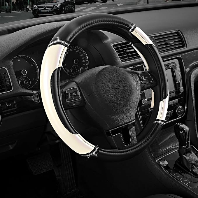 Leather Steering Wheel Cover - Made with PVC Leather - Anti-Slip, Universal Fit 14 1/2 inches to 15 inches - White