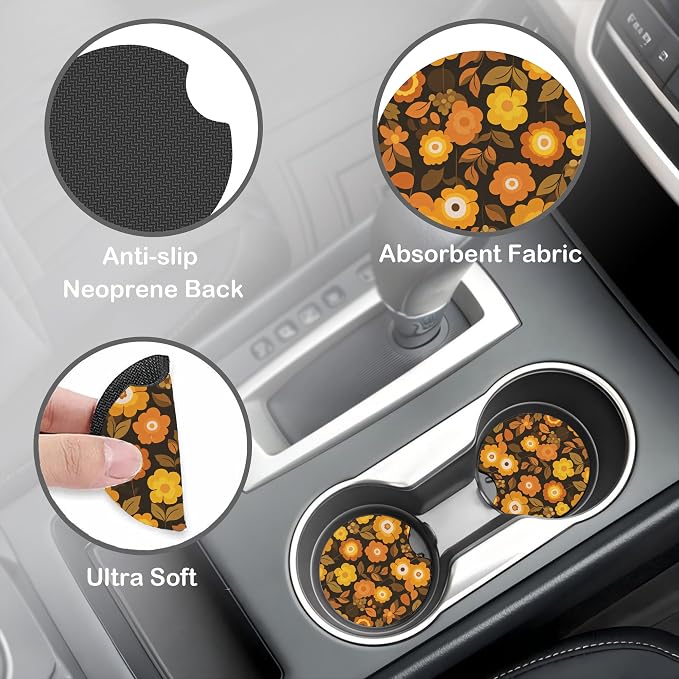 70s Retro Groovy Orange Flower Steering Wheel Cover for Women, Anti-Slip Car Steering Wheel Cover with 2 Pcs Cup Holders Neoprene Breathable Car Accessories Universal 15 Inch Auto Interior Decor