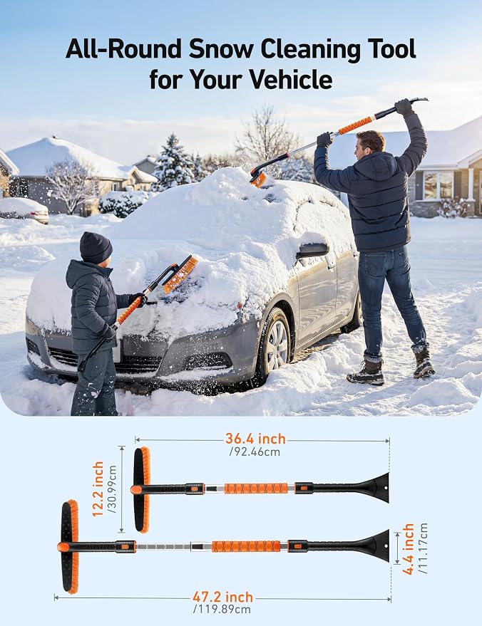 47.2" Ice Scrapers for Car Windshield and Extendable Snow Brush with Foam Grip and 360° Pivoting Brush Head for Auto Car Truck and SUV(Orange)