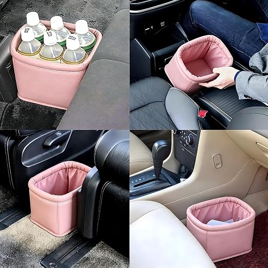 Leather Car Trash Can with Trash Bags, Luxury Car Organizer, Leakproof Garbage Can for Car Truck Interior Storage, Pink