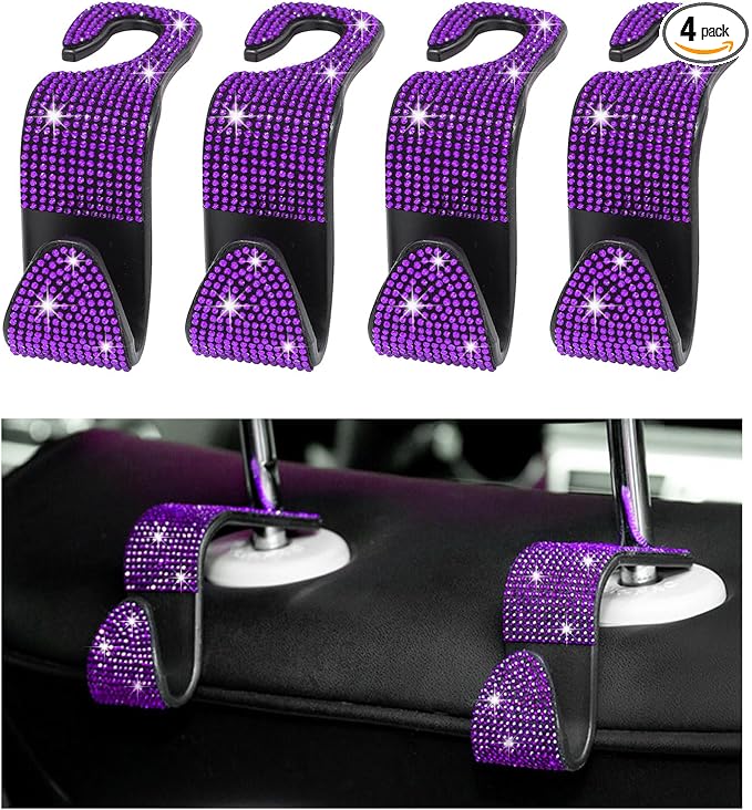 4 PCS Bling Car Seat Headrest Hooks, Crystal Rhinestone Back Seat Hanging Storage Organizer, Auto Purse Bags Hanger, Universal Vehicle Interior Accessories for Women Girls (Purple)