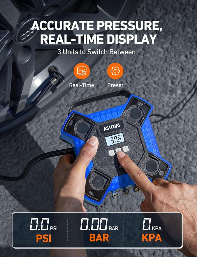 Tire Inflator Portable Air Compressor 160PSI, 12V DC (NO AC) 10Ft Cord with Integrated Metal Structure, LED Light Air Pump for Car Tires, Bicycles, Motorcycles and Other Inflatables(Blue)