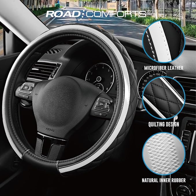 Leather Steering Wheel Cover – Black & Silver, Universal Fit 14.5-15 Inch, Microfiber Leather, Anti-Slip & Breathable Design for Men and Women