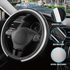 Leather Steering Wheel Cover – Black & Silver, Universal Fit 14.5-15 Inch, Microfiber Leather, Anti-Slip & Breathable Design for Men and Women