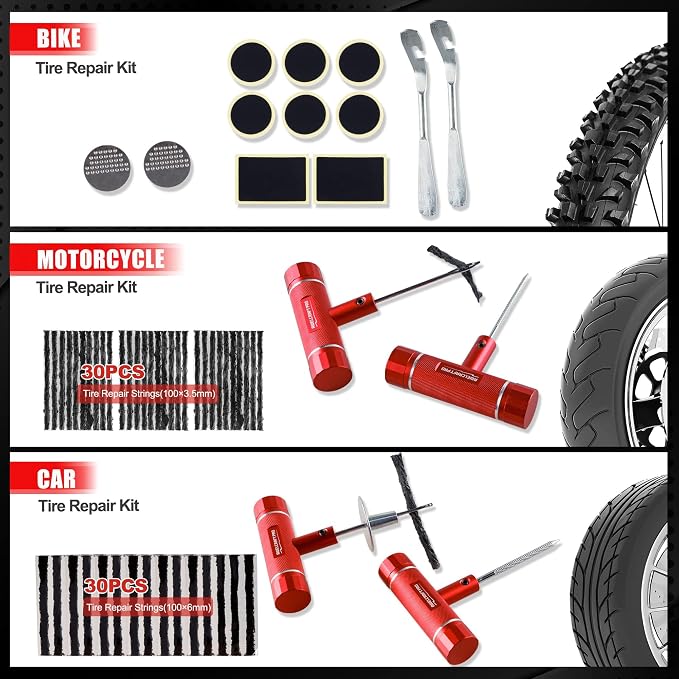 108-Piece Heavy Duty Tire Repair Kit – Professional Flat Tire Plug Set with T-Handle Tools, 4-Way Valve Tool, Pliers, Storage Case