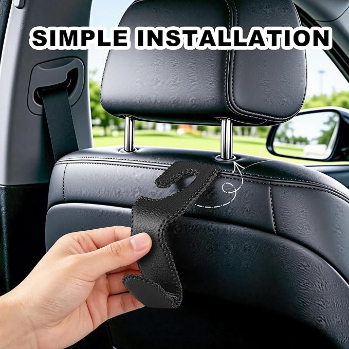 Headrest Hooks for Car, 2 Pack Back Seat Purse Hook Leather Hanger Holder Hook for Hanging Purses and Bags and Coats Black