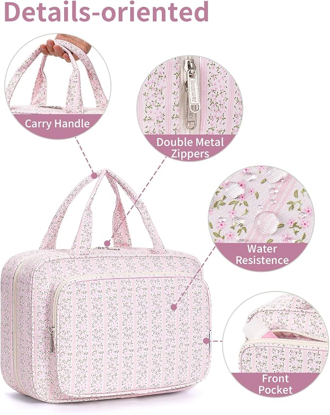 Travel Toiletry Bag for Women Large Hanging Makeup Bag Organizer Toiletries Bag for Full Size Essentials Accessories Cosmetics (Pink Flower Buds (Large))
