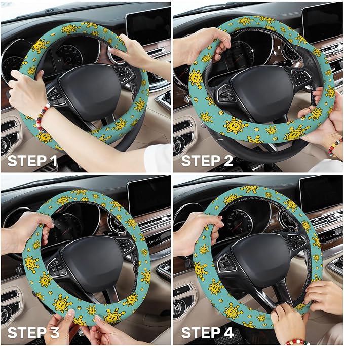 Yellow Retro Game Star Steering Wheel Cover, Non-Slip Polyester Wheel Grip, Universal 15 Inch Car Accessory